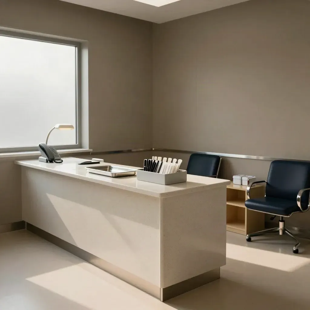 Empty dental clinic reception with tray, phone cradle, inbox tray, and waiting chairs in dawn light.