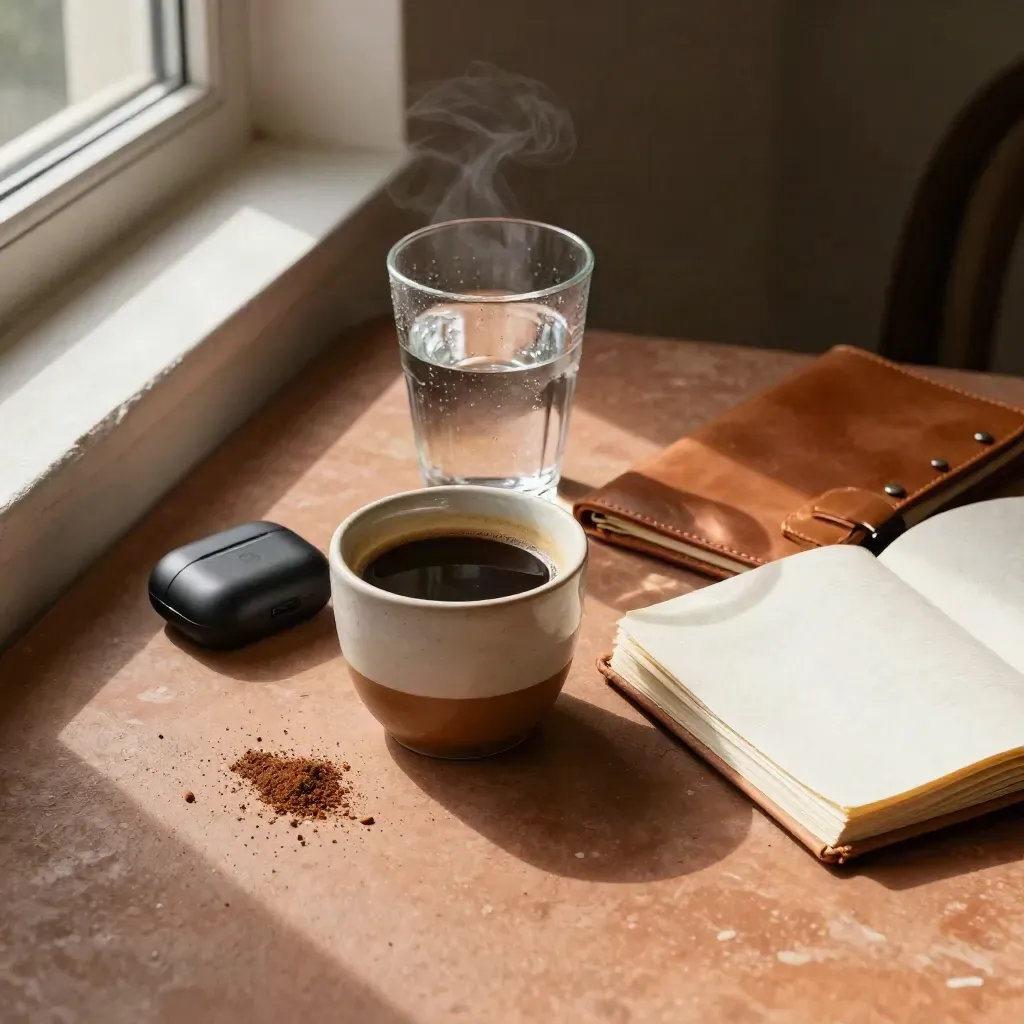 Coffee and executive assistant tools on a terracotta surface in soft morning light.