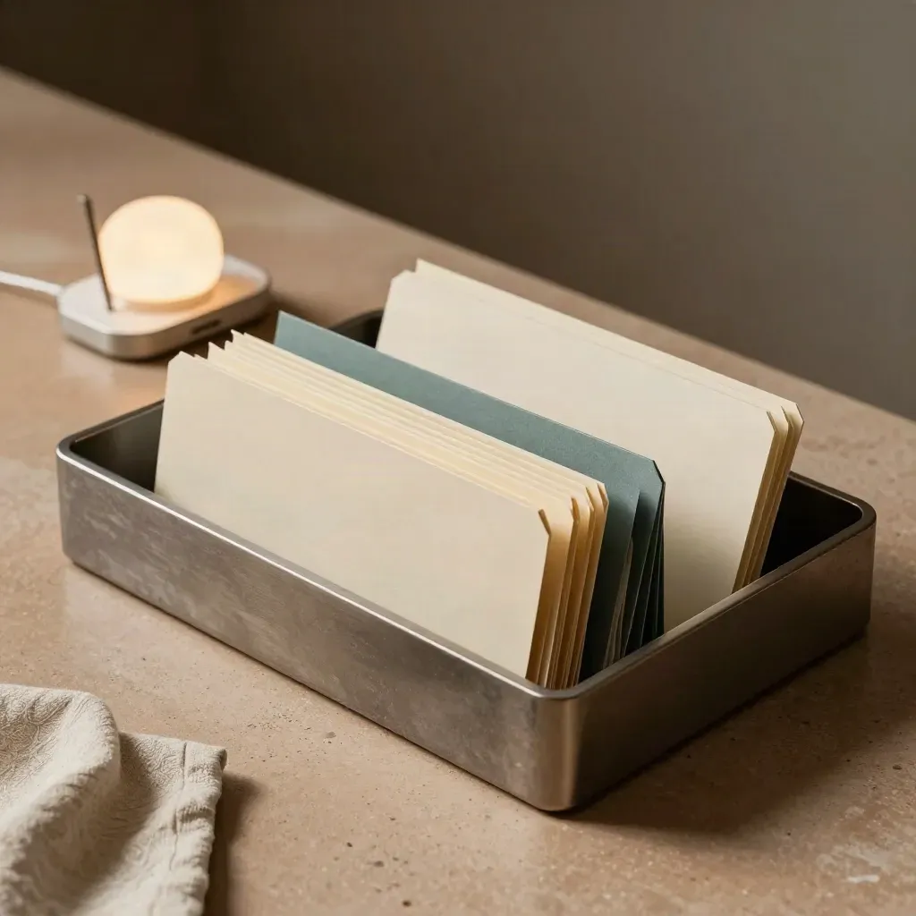 Stone inbox tray with blank folders and a lit phone dock in soft side light